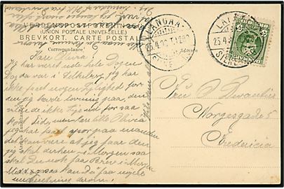 5 øre Fr. VIII på brevkort (Partier fra Langå med bl.a. jernbanestation) annulleret med bureaustempel Langaa - Silkeborg T.1209 d. 25.4.1908 til Fredericia. 