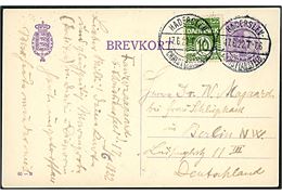 15 øre Chr. X helsagsbrevkort (fabr. 65-H) opfrankeret med 10 øre Bølgelinie fra Christiansfeld annulleret med bureaustempel Haderslev - Christiansfeld T.06 d. 17.6.1922 til Berlin, Tyskland.