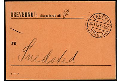 Brevbundt etiket - J11 1/36 - med bureaustempel Langaa - Struer sn6 T.327 d. 20.4.1936 til Snedsted.