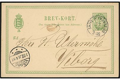 5 øre Våben helsagsbrevkort fra Nykøbing Mors annulleret med lapidar bureaustempel Skive - Glyngøre JB. 3 Tog d. 27.12.1901 til Viborg.