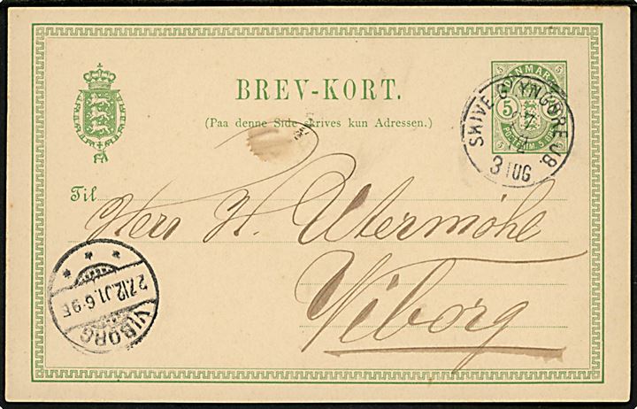 5 øre Våben helsagsbrevkort fra Nykøbing Mors annulleret med lapidar bureaustempel Skive - Glyngøre JB. 3 Tog d. 27.12.1901 til Viborg.