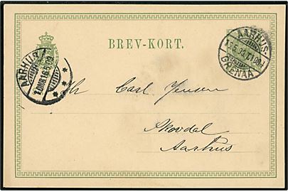 5 øre Fr. VIII helsagsbrevkort fra Trustrup annulleret med bureaustempel Aarhus - Grenaa T.1084 d. 15.5.1909 til Aarhus.