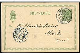 5 øre Fr. VIII helsagsbrevkort annulleret med bureaustempel Varde - Norre-Nebel T.6 d. 22.4.1910 via Esbjerg til Nordby på Fanø. 