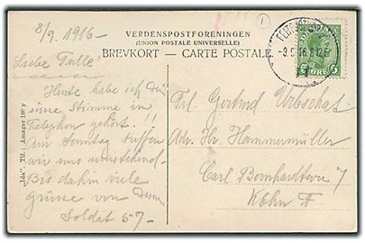 5 øre Chr. X på brevkort (Kongelund Traktørsted på Amager) annulleret med brotype IIIb Feltpostkontor H. d. 9.9.1916 til København.