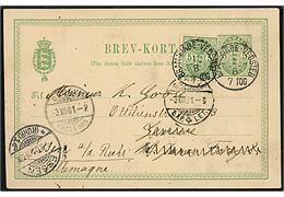 5 øre Våben helsagsbrevkort opfrankeret med 5 øre Våben fra Esbjerg annulleret med lapidar bureaustempel Bramminge - Vedsted 7 Tog d. 1.8.1901 til Geneve, Schweiz - eftersendt til Essen, Tyskland.