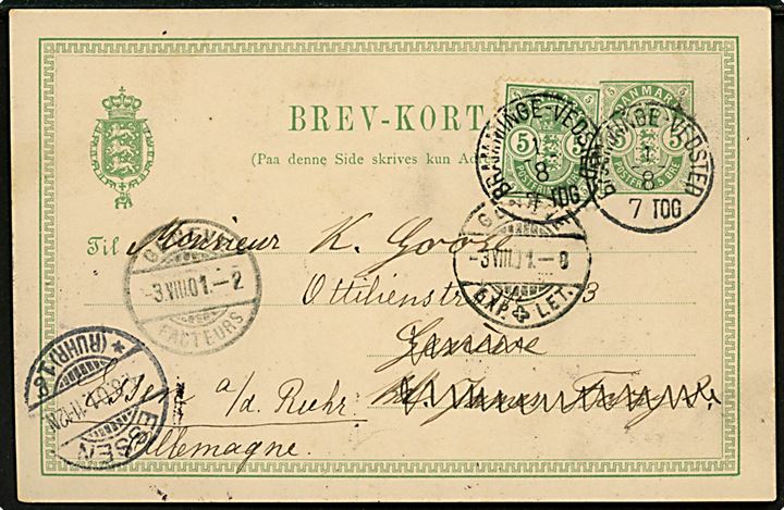 5 øre Våben helsagsbrevkort opfrankeret med 5 øre Våben fra Esbjerg annulleret med lapidar bureaustempel Bramminge - Vedsted 7 Tog d. 1.8.1901 til Geneve, Schweiz - eftersendt til Essen, Tyskland.