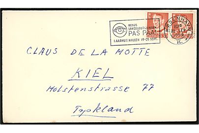 30 øre Fr. IX (2) på brev annulleret med TMS Besøg landsudstillingen PAS PAA! i Aarhus Hallen 19-26 Sept. / København K d. 22.9.1958 til Kiel, Tyskland.