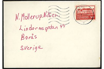 50 øre Assistenshuset, Dansk Fredning (fluorescerende papir) på brev fra Århus C d. 4.8.1966 til Borås, Sverige. 