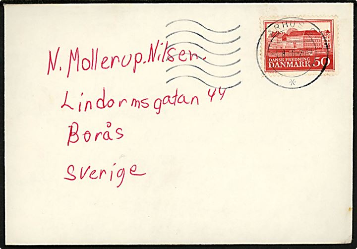 50 øre Assistenshuset, Dansk Fredning (fluorescerende papir) på brev fra Århus C d. 4.8.1966 til Borås, Sverige. 