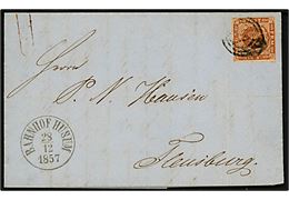 4 sk. 1854 udg. på brev annulleret med svagt nr.stempel 31 og sidestemplet antiqua Bahnhof Husum d. 28.12.1857 til Flensburg.