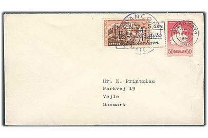 50 øre Ballet festival og Cypern 25 m. udg. på blandingsfrankeret brev stemplet DANCON UNFICYP d. 14.2.1966 og København d. 14.2.1966 til Vejle. Fra dansk FN-soldat på Cypern.