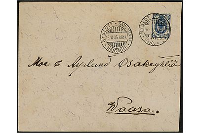 20 pen. Våben på brev annulleret med 3-sproget stempel i Nyslott d. 16.6.1905 til Wasa.