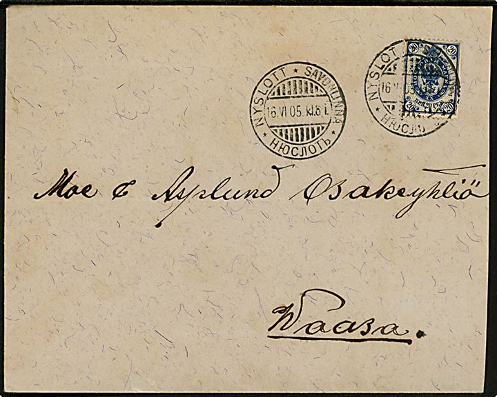 20 pen. Våben på brev annulleret med 3-sproget stempel i Nyslott d. 16.6.1905 til Wasa.