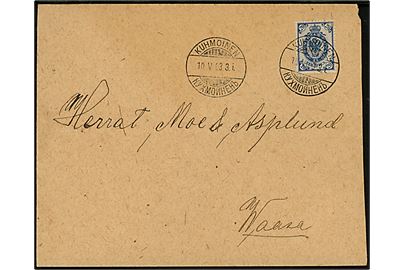 20 pen. Våben på brev annulleret med 2-sproget stempel i Kuhmoinen d. 10.5.1903 til Wasa.