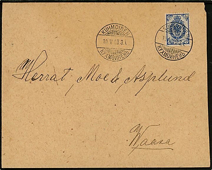 20 pen. Våben på brev annulleret med 2-sproget stempel i Kuhmoinen d. 10.5.1903 til Wasa.
