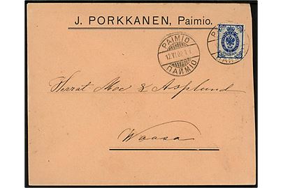 20 pen. Våben på brev annulleret med 2-sproget stempel Paimio d. 12.6.1902 til Wasa.