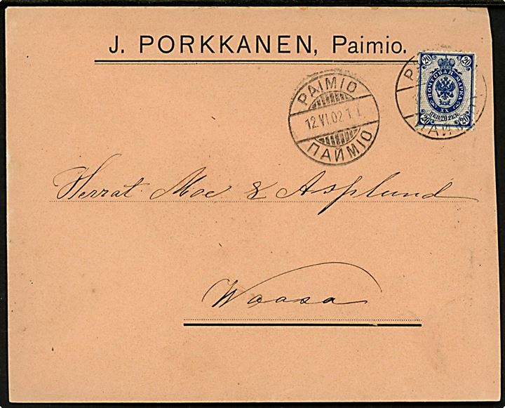 20 pen. Våben på brev annulleret med 2-sproget stempel Paimio d. 12.6.1902 til Wasa.