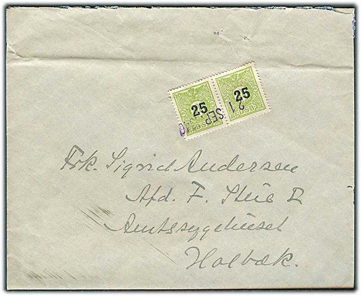 DSB 25/200 øre Provisorier i parstykke på brev annulleret med liniestempel d. 21.9.1940 til Holbæk.