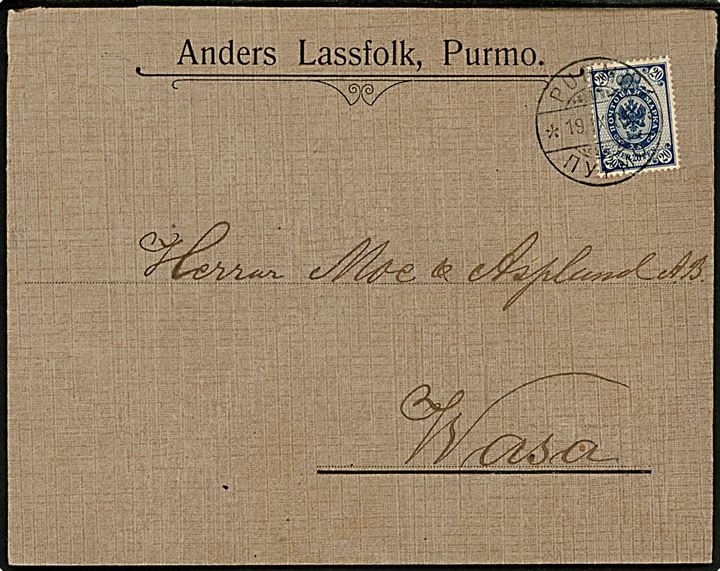 20 pen. Våben på brev annulleret med 2-sproget stempel Purmo d. 19.9.1905 til Wasa.
