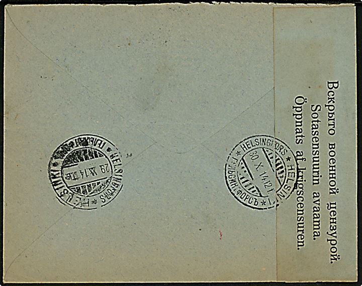 10 pen. og 20 pen. (par) Våben på anbefalet brev annulleret med 2-sproget stempel Varkaus d. 28.10.1914 til Helsinki. Åbnet af russisk censur i Helsingfors.