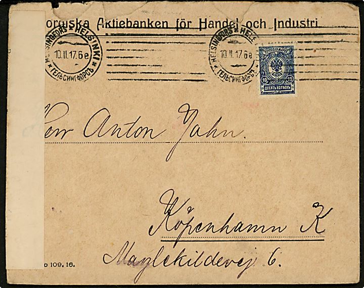 Russisk 20 kop. Våben på brev fra Helsingfors d. 10.2.1917 til København, Danmark. Åbnet af russisk censur i Torneå. 