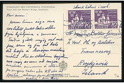 10 öre Svenska Flottan 3-sidet takket i partstykke på brevkort fra Stockholm d. 10.9.1946 til Reykjavik, Island. 