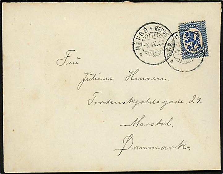 50 pen. Løve på brev fra 2. styrmand ombord på S/S Rigmor annulleret med udslebet 2-sproget stempel i Räfsö d. 7.9.1920 til Marstal, Danmark.