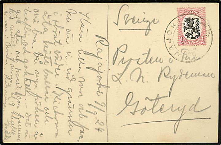 1 mk. Løve på brevkort (Rajajoki - grænseelv i Karelen) stemplet Rajajoki d. 9.9.1924 til Göteryd, Sverige.