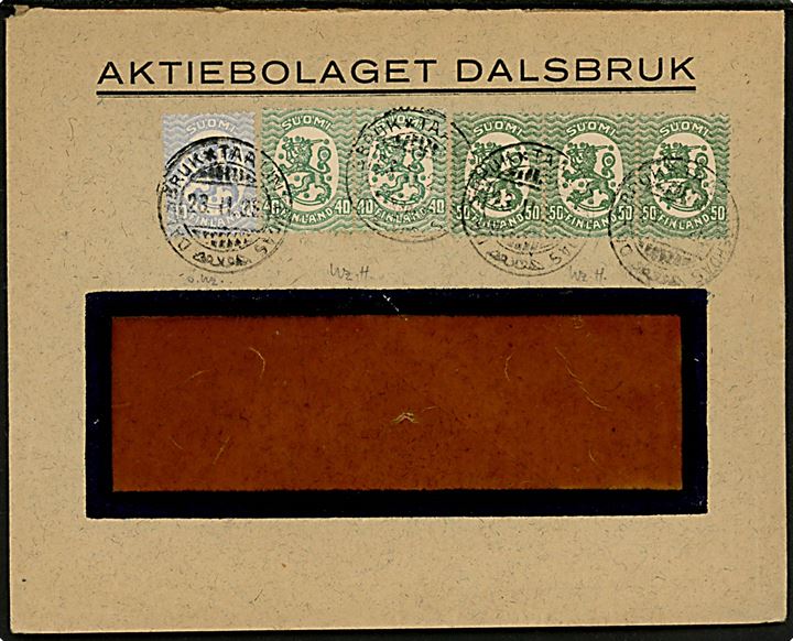 10 pen., 40 pen. (2) og 50 pen. (3) på rudekuvert annulleret med 2-sproget stempel Dalsbruk d. 28.2.1928.