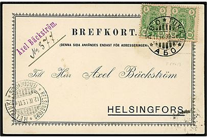 5 pen. Våben i parstykke på brevkort fra Åbo d. 11.4.1899 til Helsingfors.