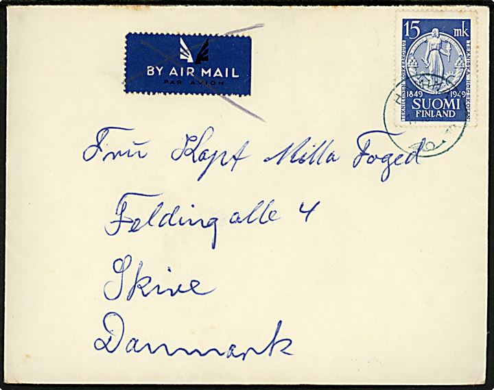 15 mk. Teknisk Højskole single på brev fra sømand ombord på M/S Maj af Aalborg i Hamina d. 11.10.1949 til Skive.