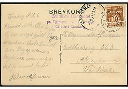 10 øre Bølgelinie på brevkort fra Svinkløv Badehotel annulleret med svagt udslebet stjernestempel HJORTDAL og sidestemplet Fjerritslev d. 5.8.1932 til København.