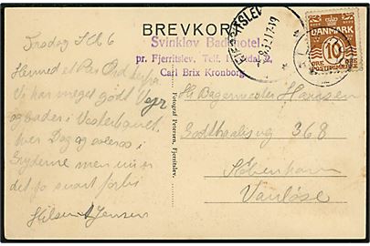 10 øre Bølgelinie på brevkort fra Svinkløv Badehotel annulleret med svagt udslebet stjernestempel HJORTDAL og sidestemplet Fjerritslev d. 5.8.1932 til København.
