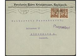 20 aur Chr. X i parstykke på skibsbrev fra Reykjavik annulleret med norsk stempel i Bergen d. 29.9.1925 og sidestemplet Paquebot til København, Danmark.