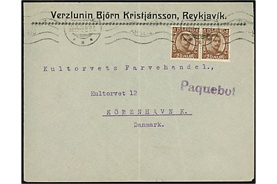 20 aur Chr. X i parstykke på skibsbrev fra Reykjavik annulleret med norsk stempel i Bergen d. 29.9.1925 og sidestemplet Paquebot til København, Danmark.