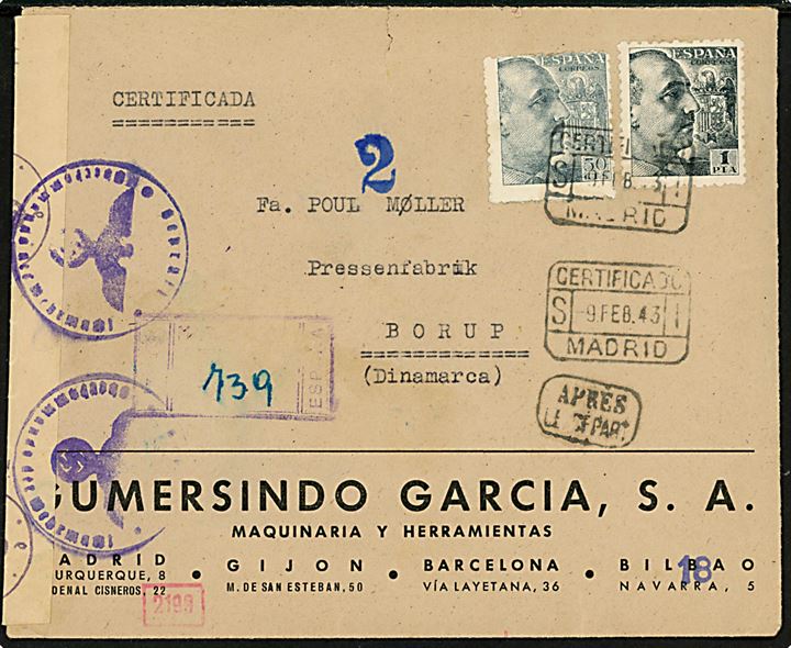 50 cts. og 1 pta. Franco på anbefalet brev fra Madrid d. 9.2.1943 til Borup, Danmark. Spansk censur fra Madrid og tysk censur fra München. Rammestempel APRÉS LE DEPART
