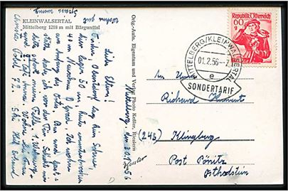 60 g. Folkedragt på brevkort stemplet Mittelberg / Kleinwalsertal / e / Sondertarif d. 1.2.1956 til Tyskland. Særtakst for post fra den østrigske eksklave Kleinwalsertal til Tyskland.
