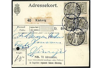 50 øre Chr. X (6) på adressekort for pakke annulleret med brotype Ig Klaksvig d. 2.4.1925 til Viderejde. Påskrevet både Forsigtig og Løs. Slidt i takning og arkivhul.