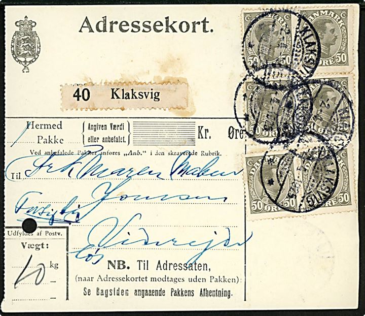 50 øre Chr. X (6) på adressekort for pakke annulleret med brotype Ig Klaksvig d. 2.4.1925 til Viderejde. Påskrevet både Forsigtig og Løs. Slidt i takning og arkivhul.