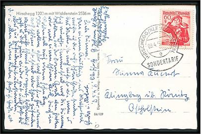 60 g. Folkedragt på brevkort stemplet Hirschegg / Kleinwalsertal / e / Sondertarif d. 9.4.1957 til Tyskland. Særtakst for post fra den østrigske eksklave Kleinwalsertal til Tyskland.