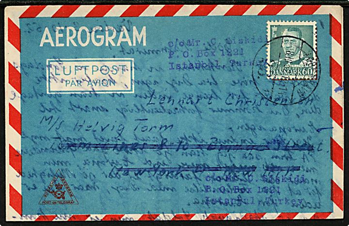 60 øre Fr. IX på privat aerogram fra København d. 8.10.1952 til sømand ombord på M/S Helvig Torm via rederiadresse i København - eftersendt til Istanbul, Tyrkiet.