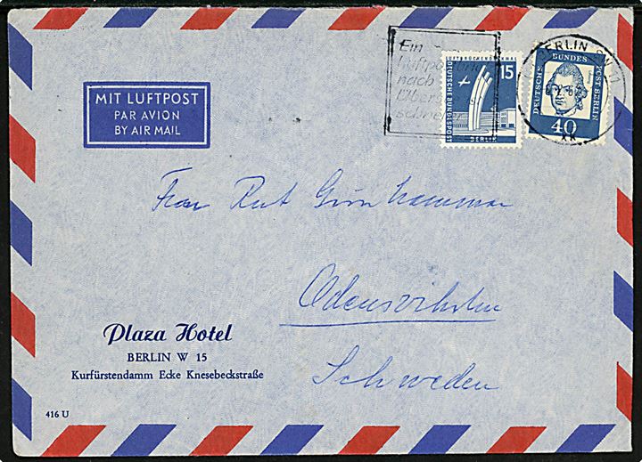 15 pfg. Berlin Luftbrückendenkmal og 40 pfg. Lessing Berlin udg. på luftpostbrev fra Berlin d. 4.2.1962 til Odensviholm, Sverige.