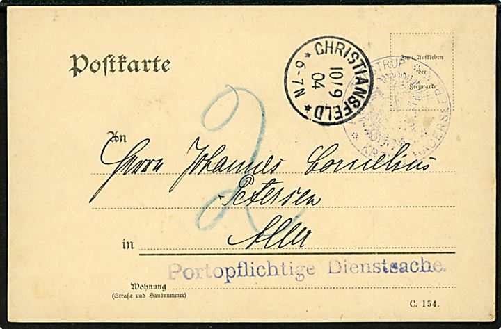 Ufrankeret tjenestebrevkort mærket Portopflichtige Dienstsache fra Amt Tyrstrup stemplet Christiansfeld d. 10.9.1904 til Aller. Udtakseret i 2 pfg. porto.