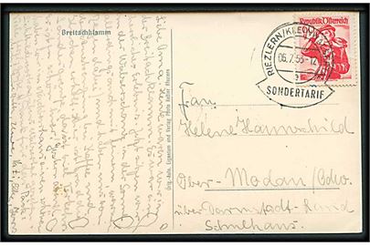 60 g. Folkedragt på brevkort stemplet Riezlern / Kleinwalsertal / e / Sondertarif d. 6.7.1953 til Tyskland. Særtakst for post fra den østrigske eksklave Kleinwalsertal til Tyskland.