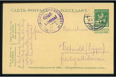 5 c. belgisk helsagsbrevkort anvendt som tysk feltpostkort med stempel K.D.Feldpost.. des XVIII Reservekorps d. 16.3.1915 til Detmold, Tyskland. 