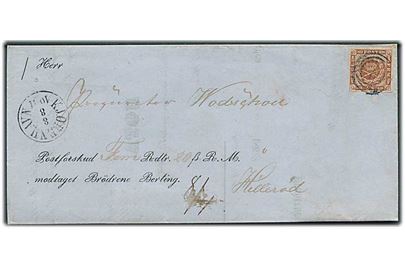 4 sk. 1858 udg. på brev med postforskud annulleret med nr.stempel 1 og sidestemplet Kjøbenhavn d. 8.8.1860 til Hillerød.