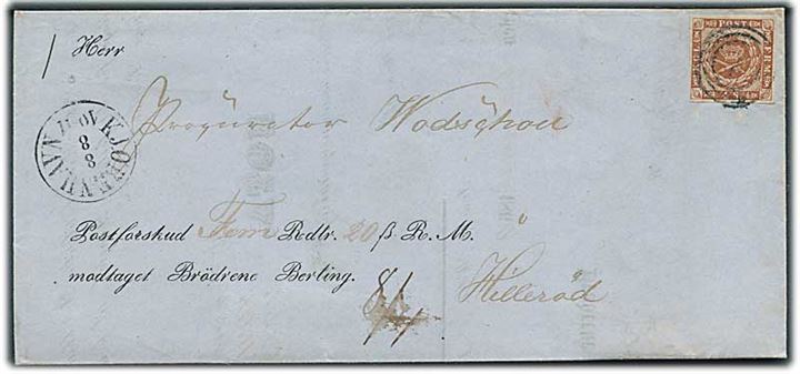 4 sk. 1858 udg. på brev med postforskud annulleret med nr.stempel 1 og sidestemplet Kjøbenhavn d. 8.8.1860 til Hillerød.