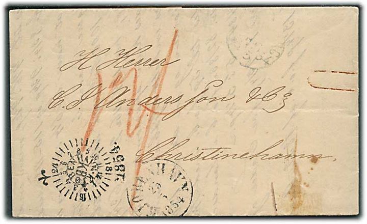 1854. Ufrankeret portobrev med kompasstempel Kjøbenhavn d. 23.5.1854 via Helsingborg til Christinehamn, Sverige. Svensk portopåtegning.