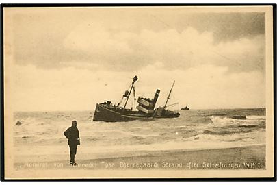 Admiral von Schroeder strandet ved Bjerregaard strand efter søtræfningen d. 1.9.1917. Stenders no. 45426.