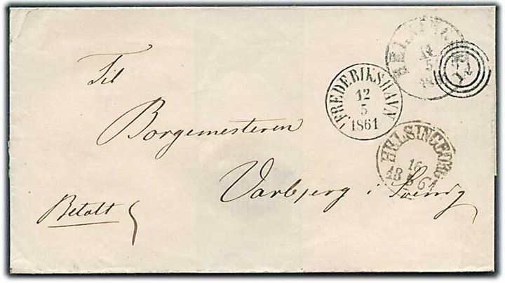 1961. Ufrankeret francobrev med nr.stempel 198 og antiqua Frederikshavn d. 12.5.1861 via Helsingør og Helsingborg til Varberg, Sverige.